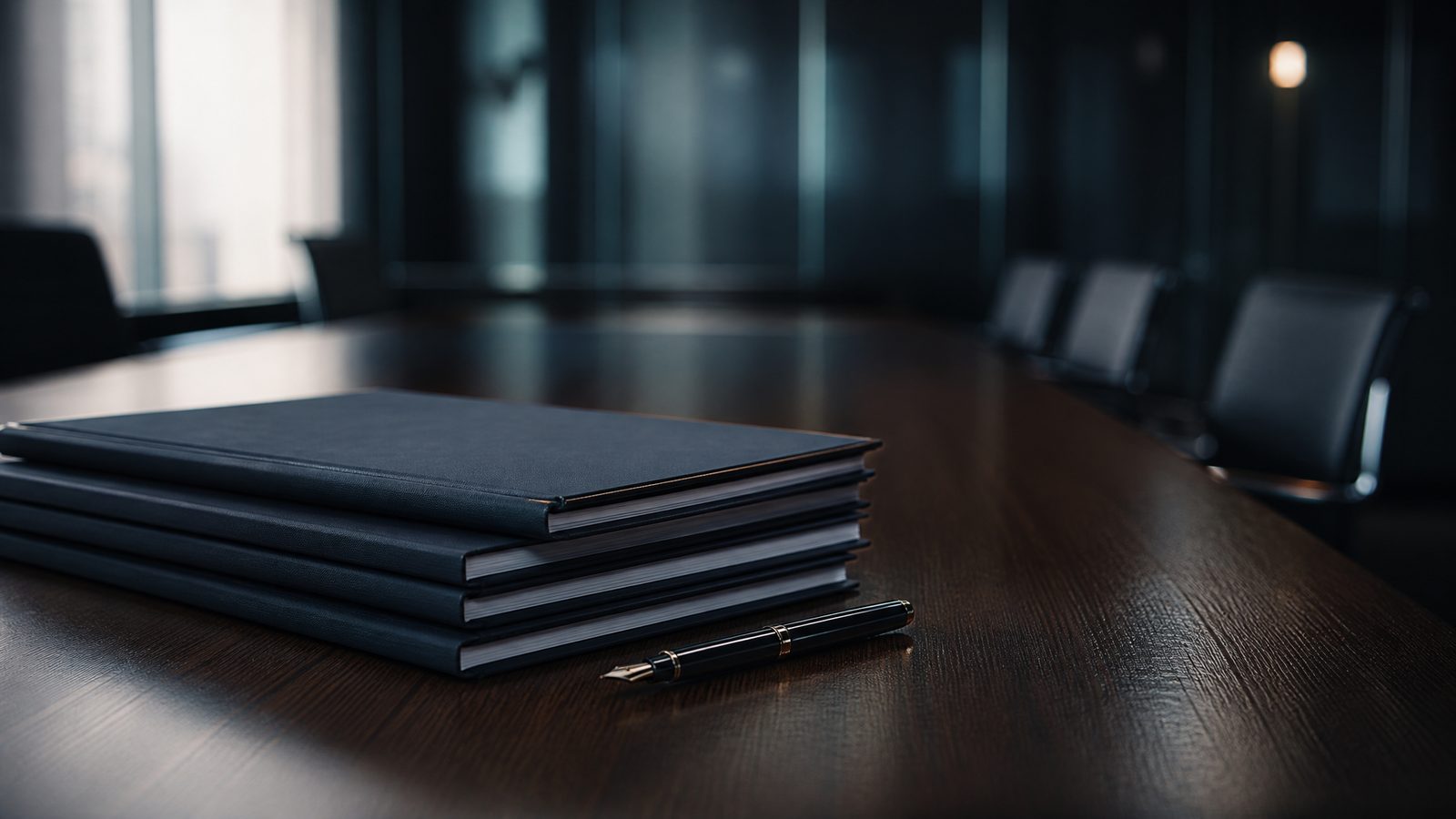 Bound reports on a boardroom table